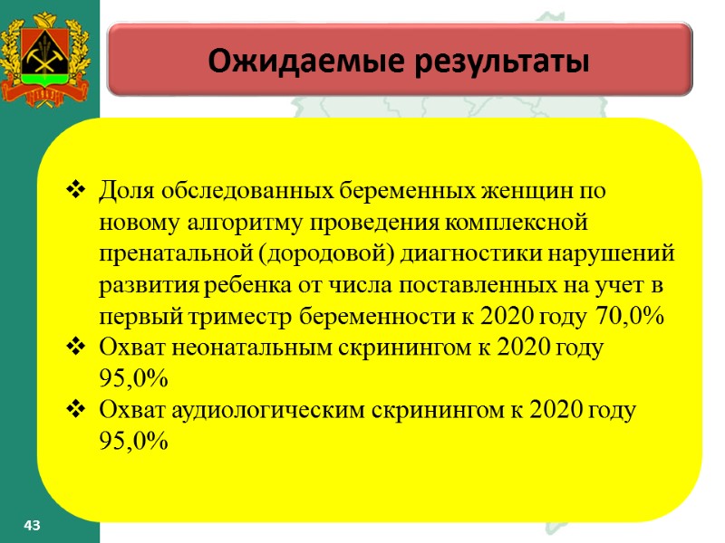 43 43 Ожидаемые результаты – Доля обследованных беременных женщин по новому алгоритму 43 43 Ожидаемые результаты – Доля обследованных беременных женщин по новому алгоритму